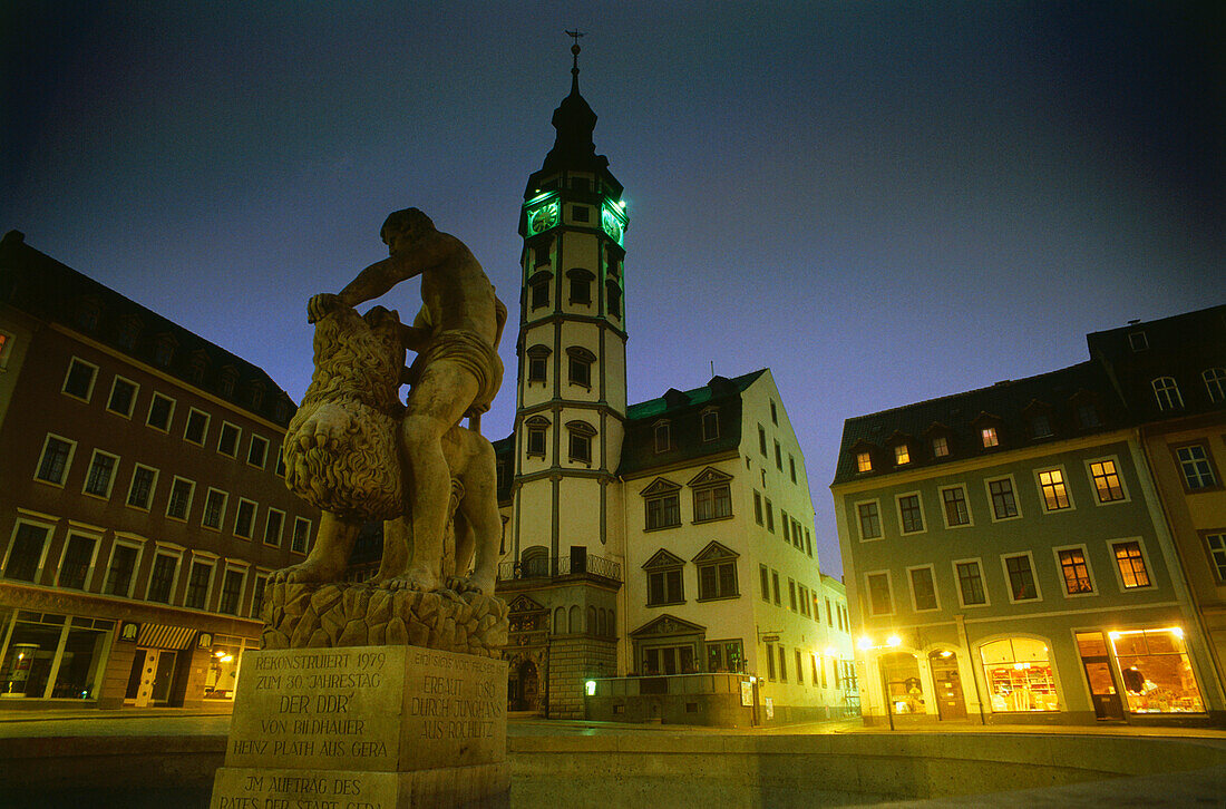 City hall and fountain at market at night, Gera, Thuringia, Germany