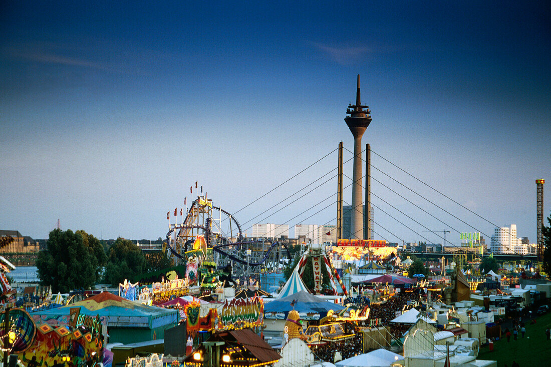 Fair at River Rhine, Rhine Tower, Dusseldorf, North-Rhine Westphalia, Germany