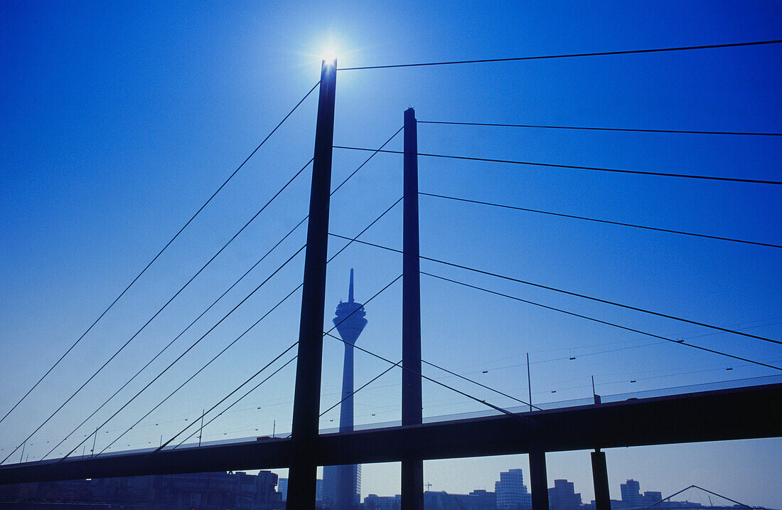 Rhine Tower and Rheinknie Bridge, Dusseldorf, North Rhine-Westphalia, Germany