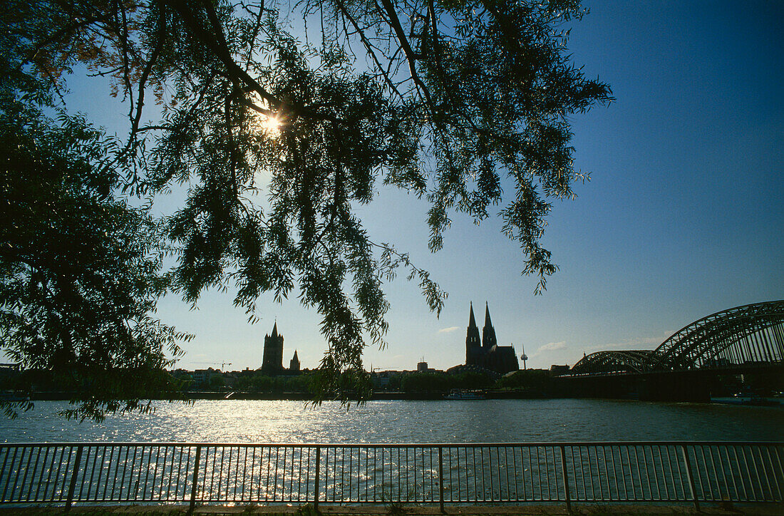 Great St. Martin Church, Cologne Cathedral and Hohenzollern Bridge, Cologne, North-Rhine Westphalia, Germany