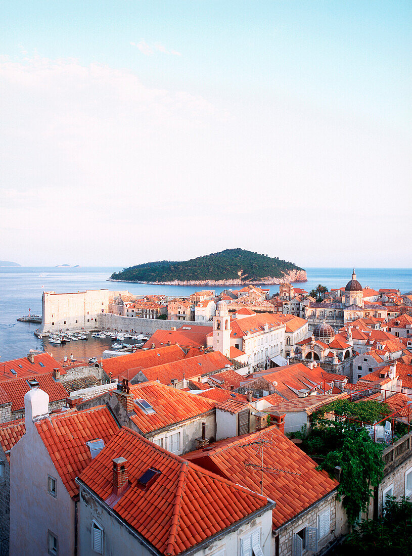 Blick über die Dächer Dubrovniks zur Insel Lokrum, Dubrovnik, Dalmatien, Kroatien