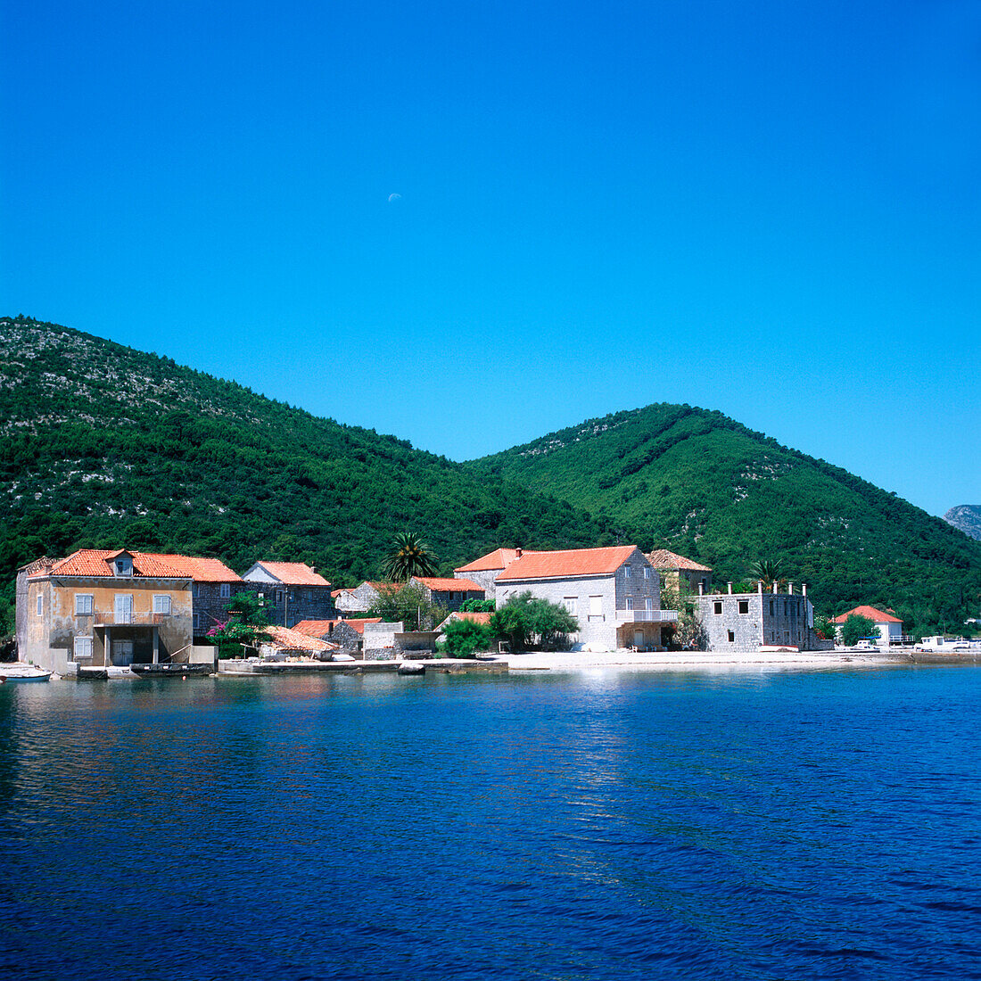 View over Stonski canal to a village, Peljesac, Dalmatia, Croatia