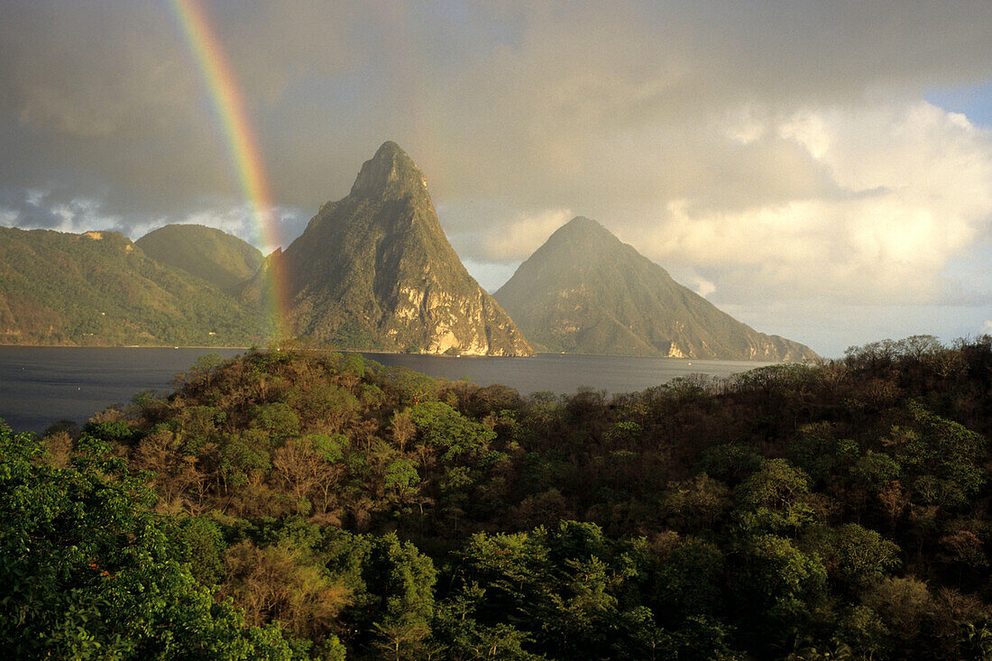 Rainbow & The Pitons, View from Anse Chastanet Resort, near Soufriere, St. Lucia, Carribean
