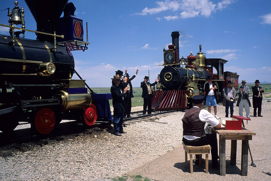 East-West Train Meeting Ceremony Reenactment, Golden Spike National Historic Site, near Brigham City, Utah, USA