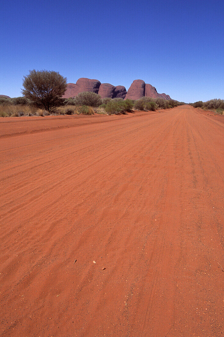 Eine typische Straße ins Hinterland mit Kata Tjuta im Hintergrund, The Olgas, von Docker River Road, Uluru-Kata Tjuta National Park, Northern Territory, Australien