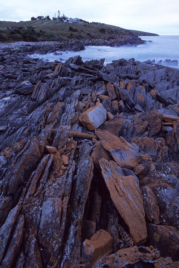 Felsen bedeckt mit Flechten in der Dämmerung, Penneshaw, Kangaroo Island, Südaustralien, Australien