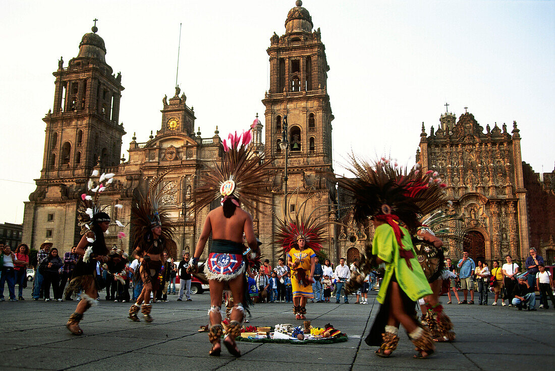 Maya Folklore and cathedral in the background, Zocalo, Mexico City, D.F., Mexico