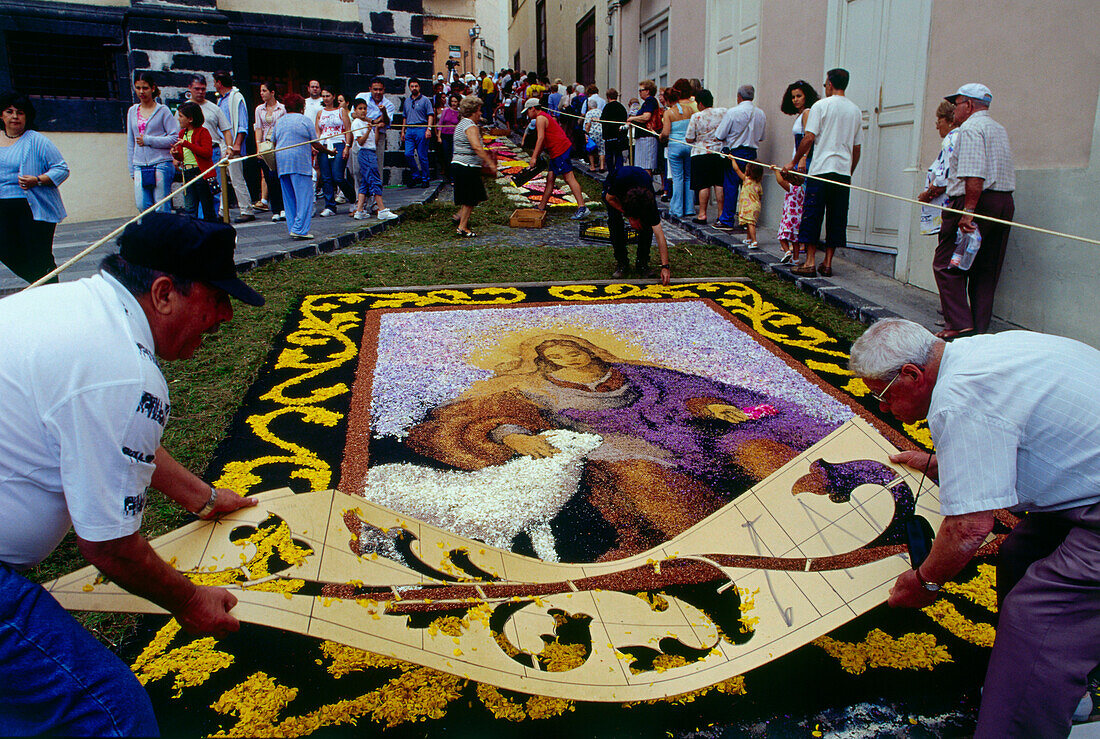 Blütenteppich für Prozession, La Orotava, Teneriffa, Kanarische Inseln, Spanien, Europa