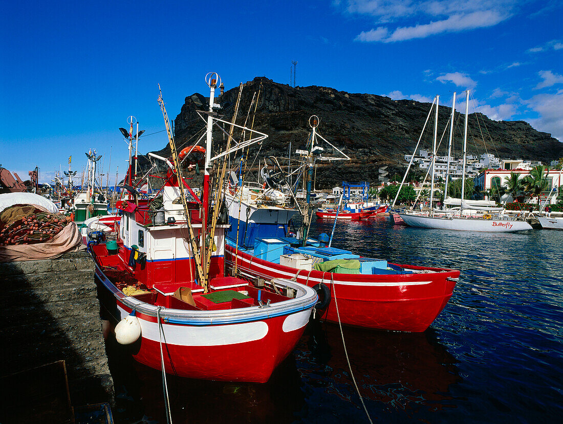 Fishing boats in harbour, Poerto de Mogan, Gran Canaria, Canary Islands, Spain