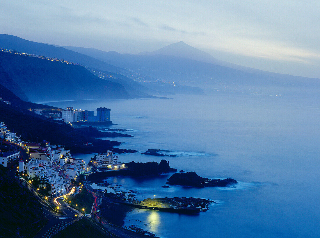 Village view of El Pris, coastline and Teide mountain, Tenerife, Canary Islands, Atlantic Ocean, Spain
