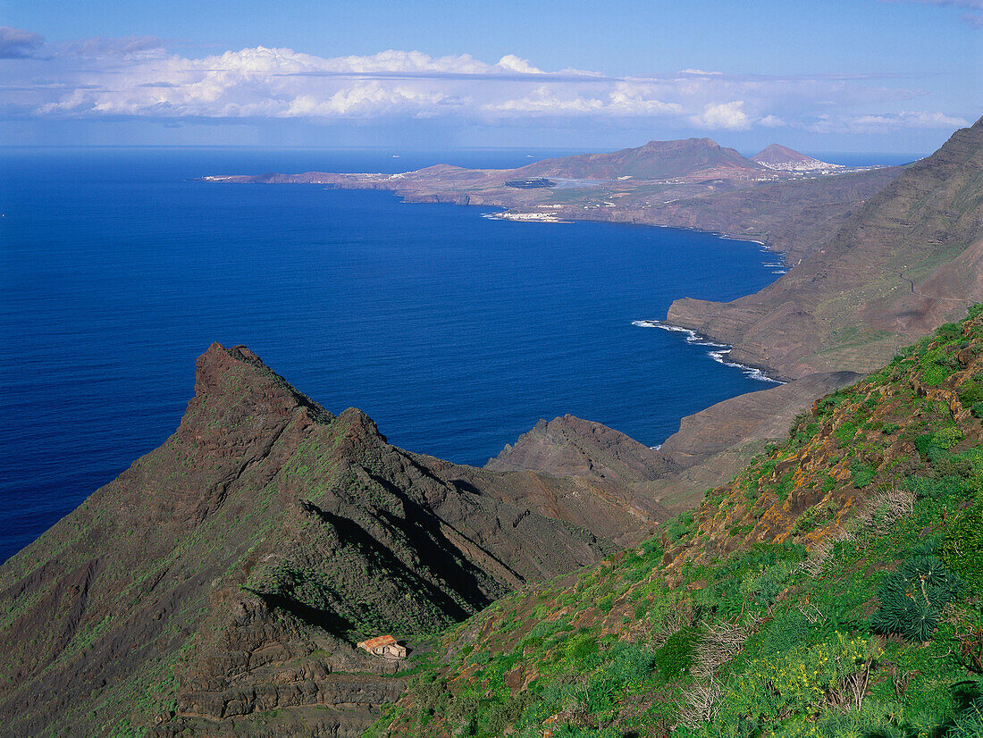 Anden Verde, Steilküste, malerische Strecke zwischen Agaete und San Nicolás de Tolentino, Gáldar und Puerto de las Nieves im Hintergrund, Westküste, Gran Canaria, Kanarische Inseln, Atlantik, Spanien