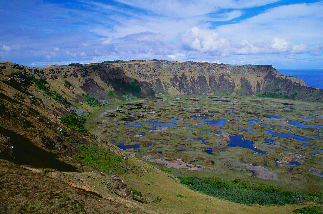 Lakes in crater Rano Kau, Easter Island, Pacific Ocean
