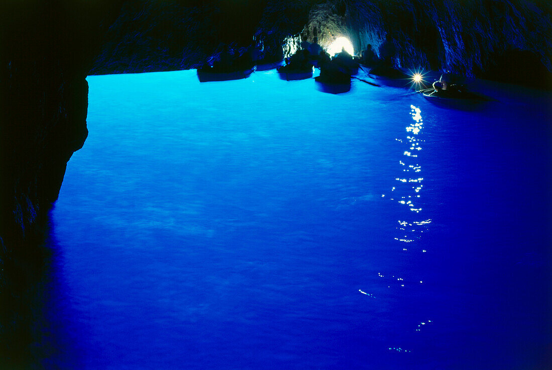 Tourist boats, Blue Grotto, Island of Capri, Campania, Italy