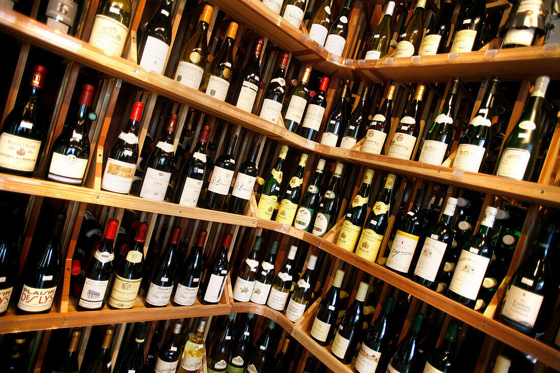 Close up of wine bottles in De Vinos Wine Shop, Washington DC, United States, USA