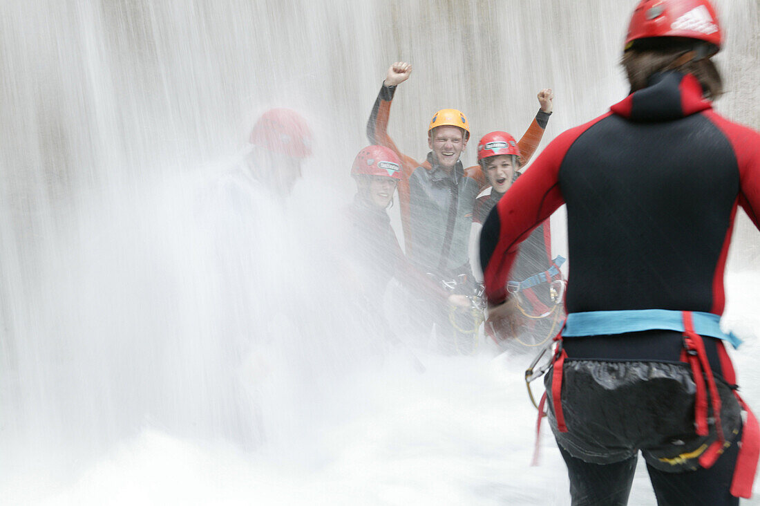 A group of people canyoning, Hachleschlucht, Haiming, Tyrol, Austria