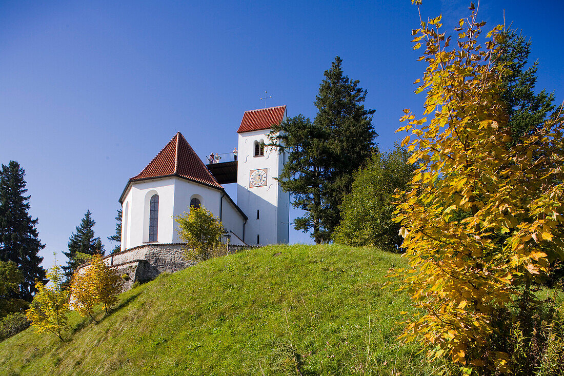 View of a church and landscape, Auerberg, near Bernbeuren, Allgaeu, Upper Bavaria, Bavaria, Germany