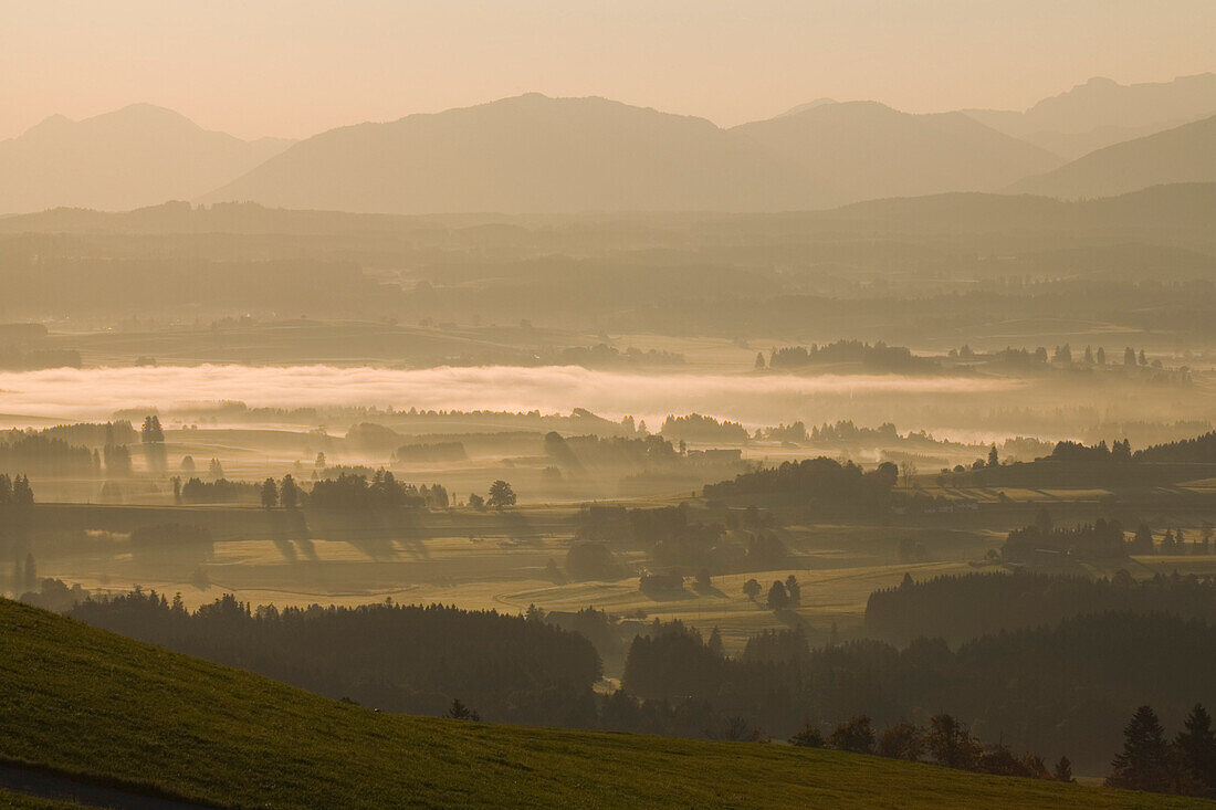 Blick vom Auerberg, Voralpenland, bei Bernbeuren, Allgäu, Oberbayern, Bayern, Deutschland
