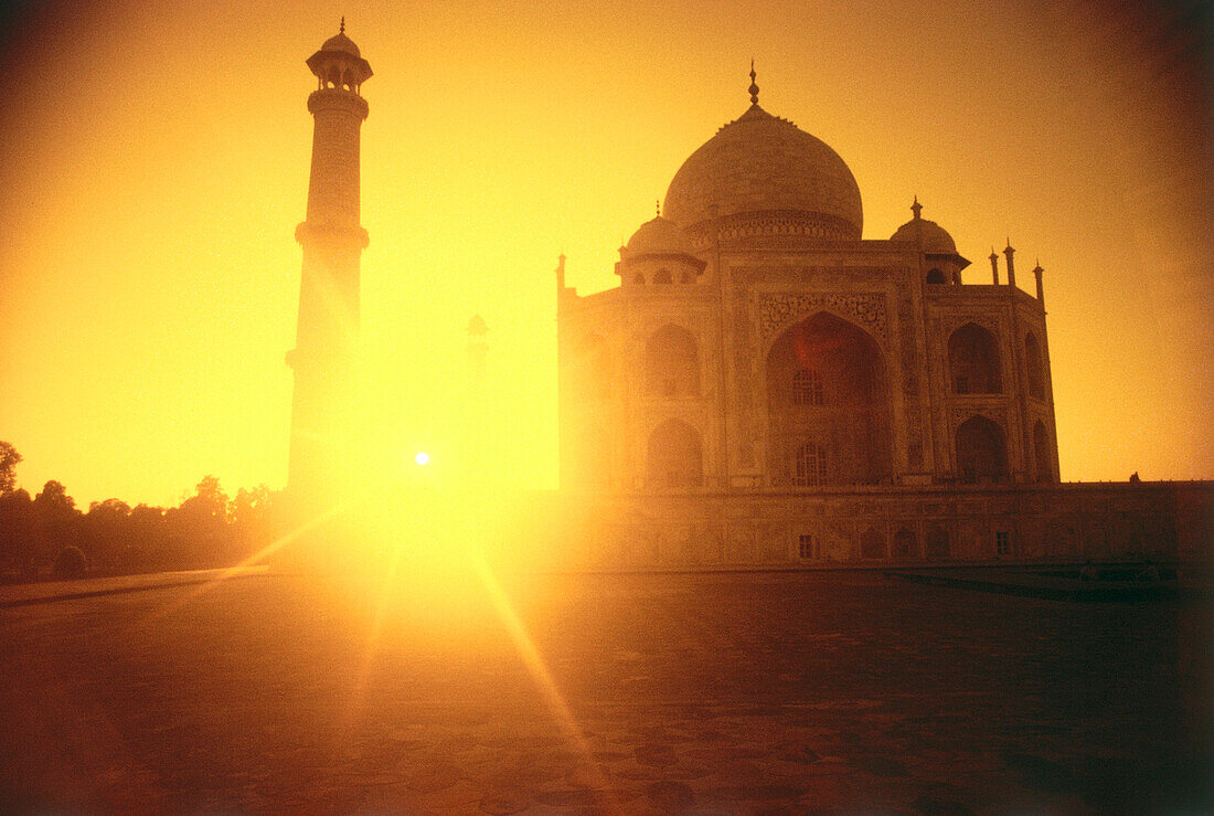 View of the Taj Mahal at sunrise, Uttar Pradesh, India