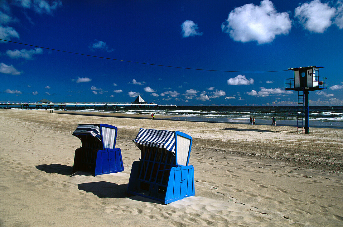 Beach with pier of Heringsdorf, Ahlbeck, Usedom Island, Mecklenburg-Western Pomerania, Germany, Europe