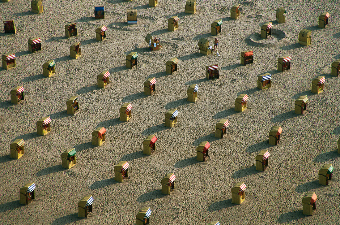 High angle view of beach chairs, Travemuende, Schleswig-Holstein, Germany