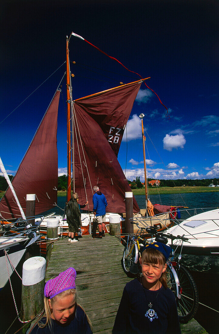 Sailing boat in harbour, Prerow, Darss, Mecklenburg-Western Pomerania, Germany