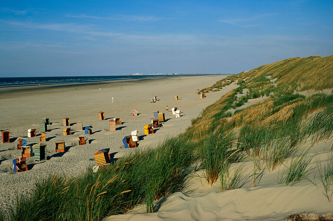 Beach chairs at sandy beach, East Frisian Islands, Lower Saxony, Germany