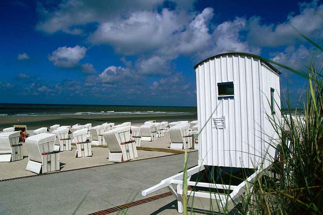Beach chairs at sandy beach, Wangerooge Island, East Frisian Islands, Lower Saxony, Germany