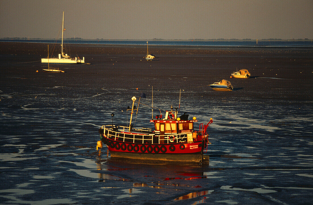 Boote auf Sanbänken bei Ebbe, Ostfriesische Inseln, Niedersachsen, Deutschland, Europa