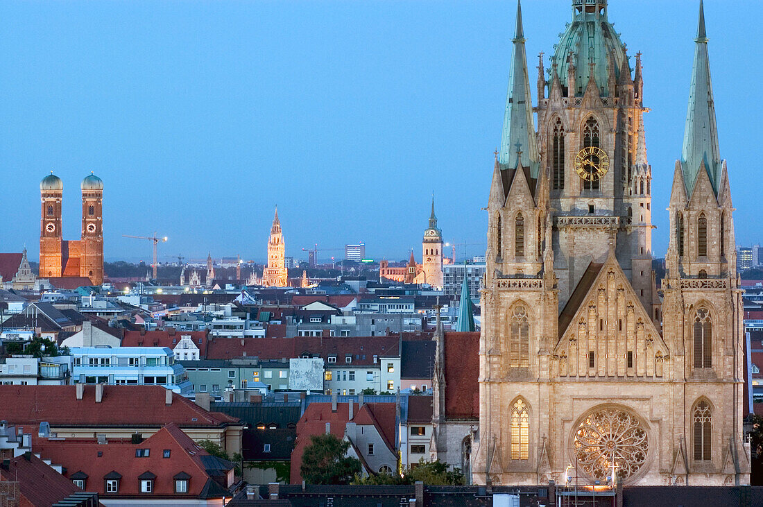 View over Munich with St. Paul's Church and Frauenkirche, Munich, Bavaria, Germany