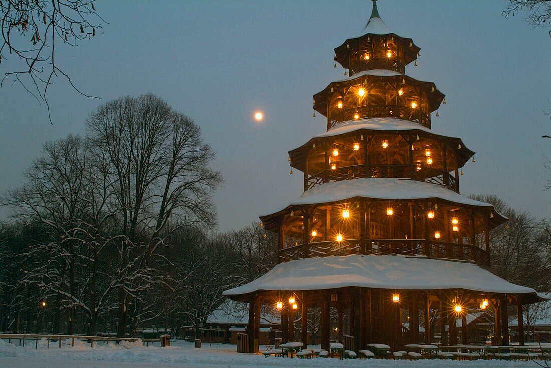 Chinese Tower in winter, English Garden, Munich, Bavaria, Germany