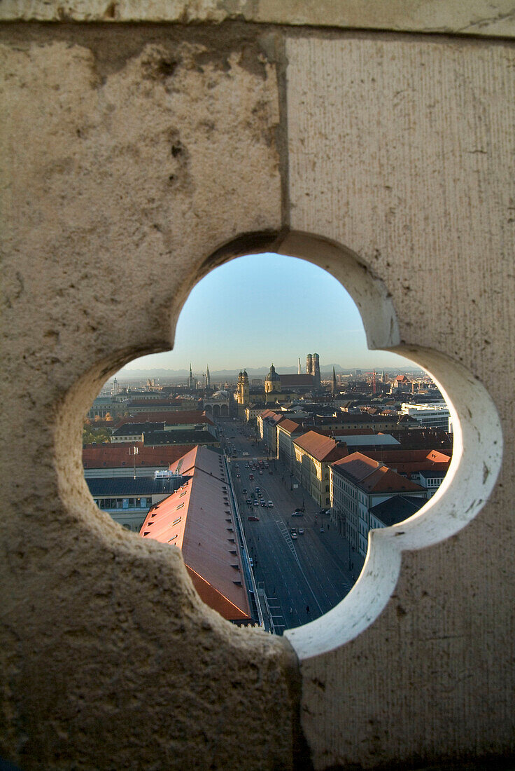 Ludwigstrasse seen through opening in tower of Church Ludwigskirche, Munich, Bavaria, Germany