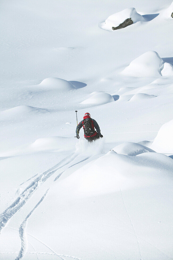 Skier on powdersnow, St Luc, Chandolin, Valais, Switzerland