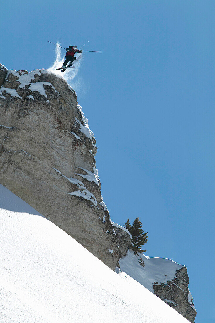 Skier jumping, St Luc, Chandolin, Valais, Switzerland