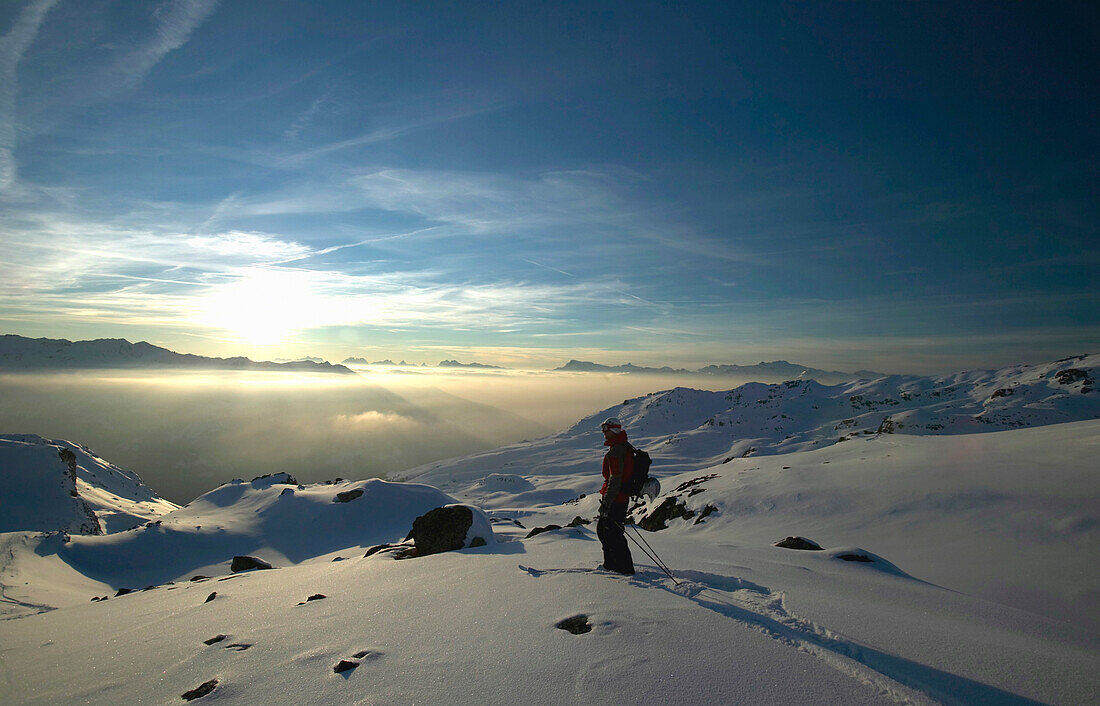 Mann, Winter Sonnenuntergang, Skifahrer, St Luc, Chandolin, Wallis, Schweiz