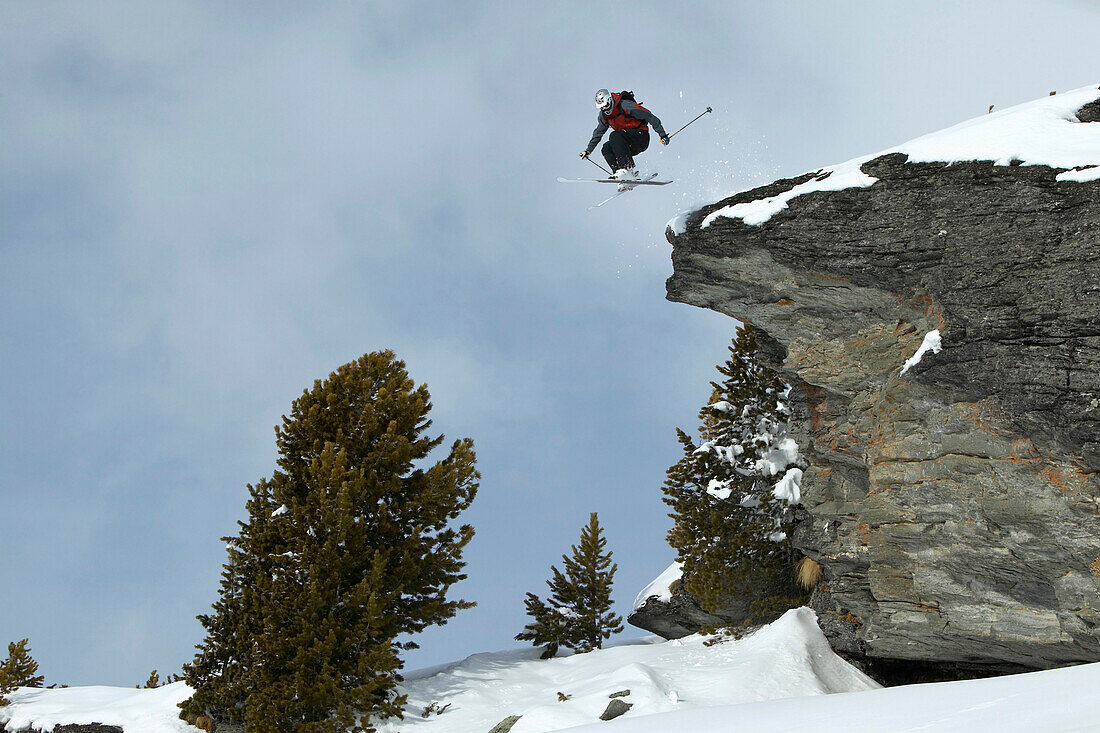 Skier jumping, St Luc, Chandolin, Valais, Switzerland