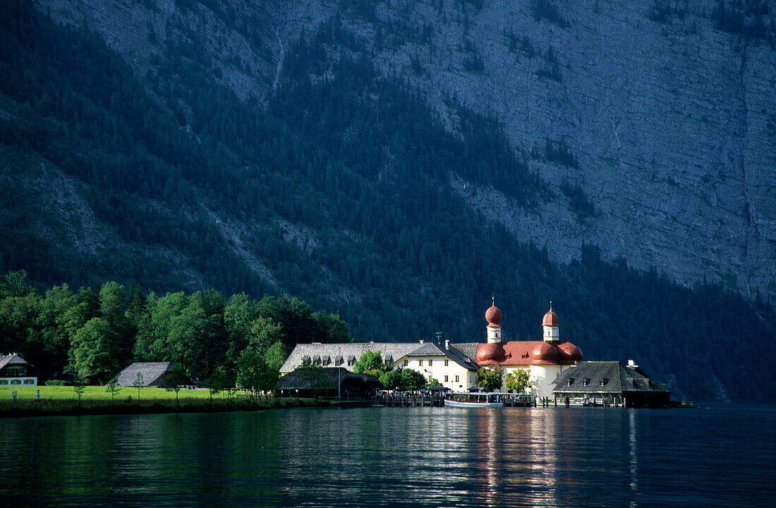 church of St. Bartholomä at lake Königssee, Berchtesgaden range, Upper Bavaria, Bavaria, Germany