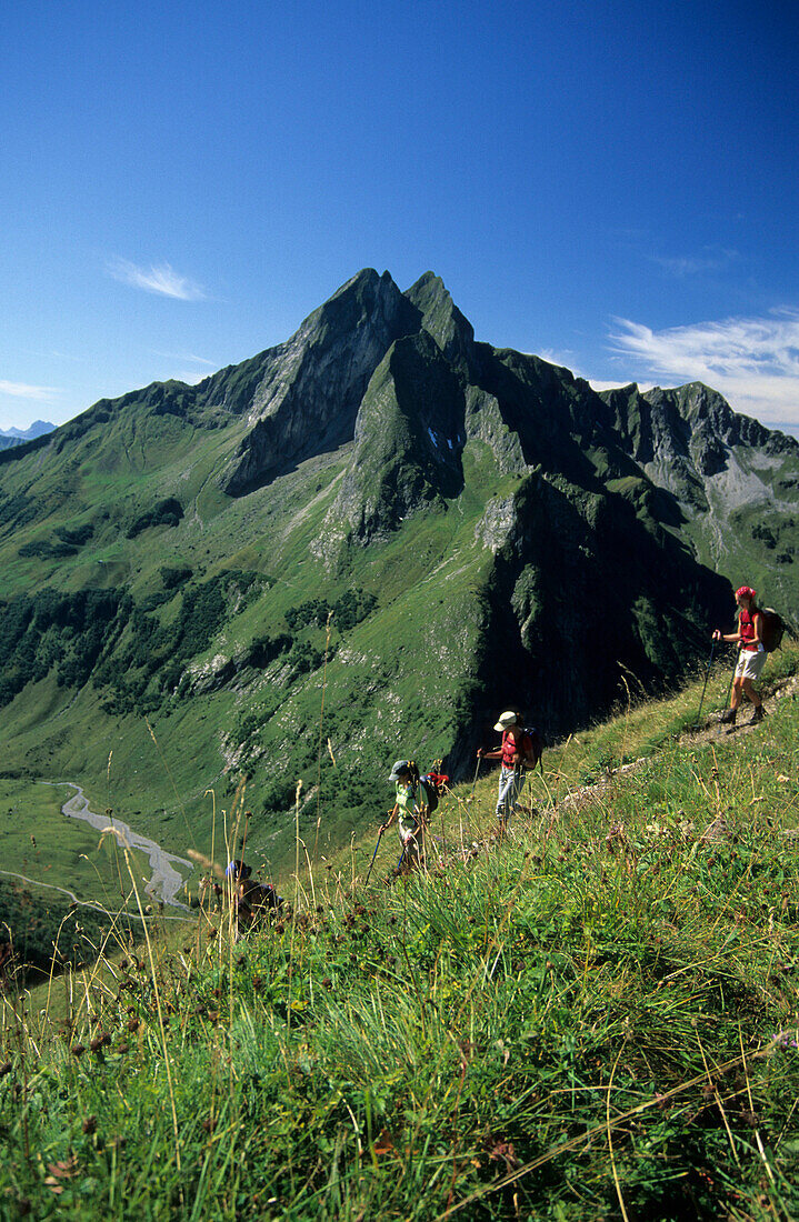 Vier junge Frauen beim Wandern, Blick auf Höfats, Himmeleck, Allgäuer Alpen, Schwaben, Deutschland