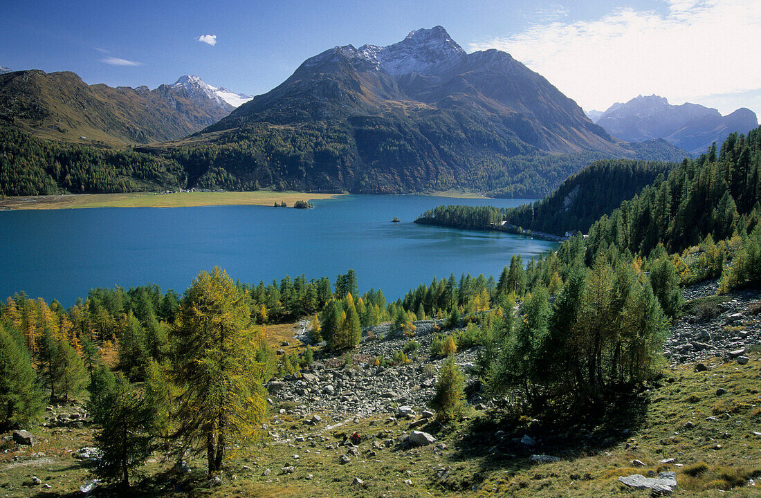 lake Silser See with Piz da la Margna, Oberengadin, Grisons, Switzerland