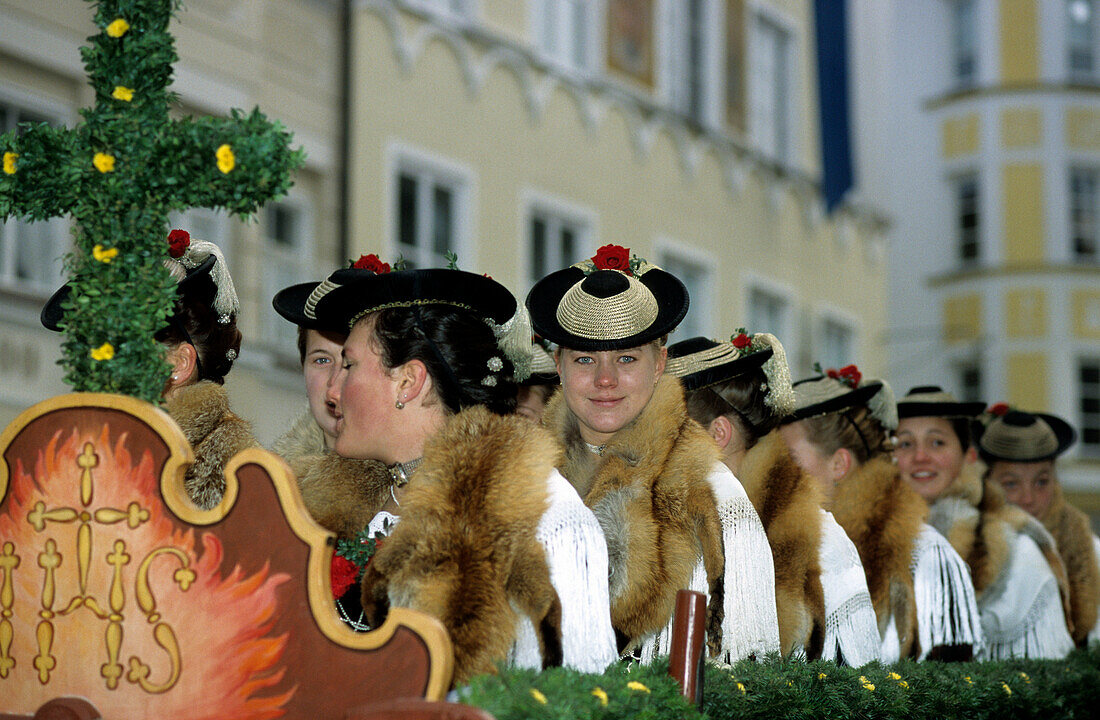 women in traditional costumes, festival of Leonhardiritt, Bad Tölz, Upper Bavaria, Bavaria, Germany