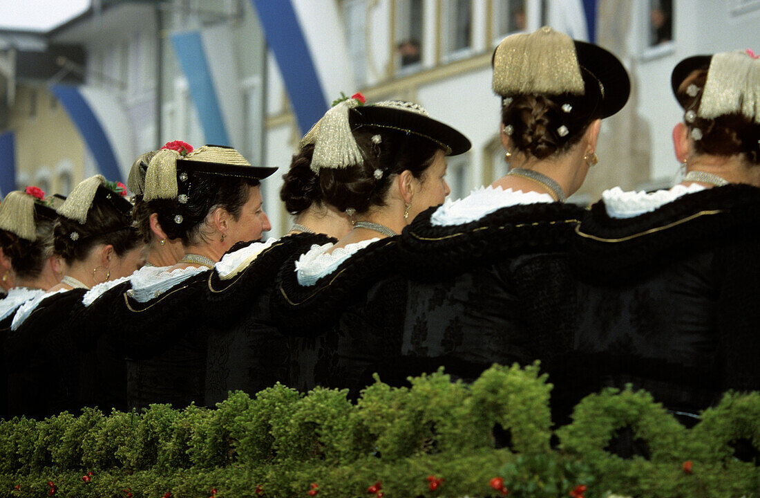 Women wearing traditional costumes, festival of Leonhardiritt, Bad Toelz, Bavaria, Germany
