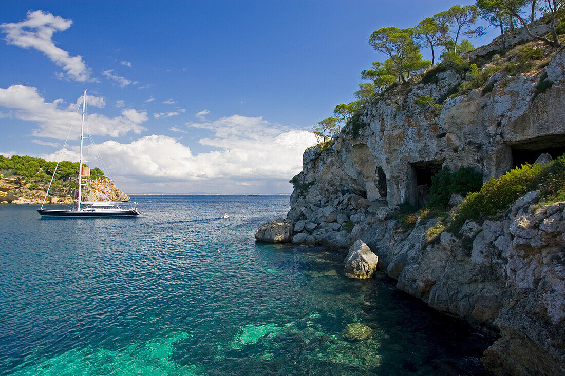 Segelschiff vor der Küste, Portals Vells, Mallorca, Balearen, Spanien, Europa