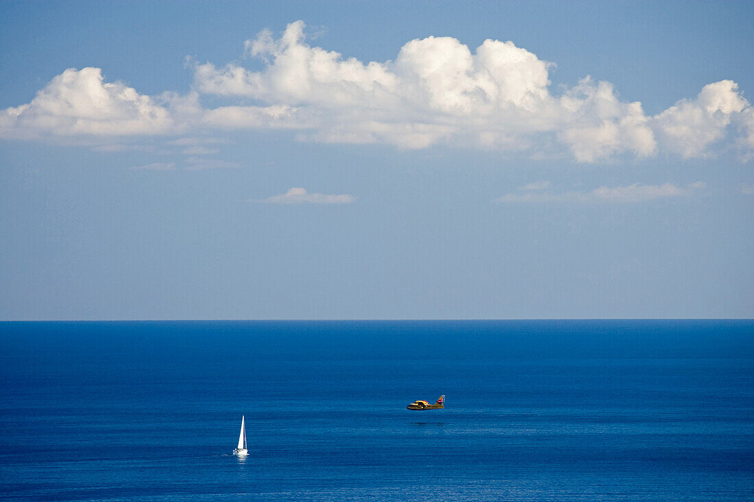 Bay with sailing boat, Badia de Pollenca, Formentor, Majorca, Spain