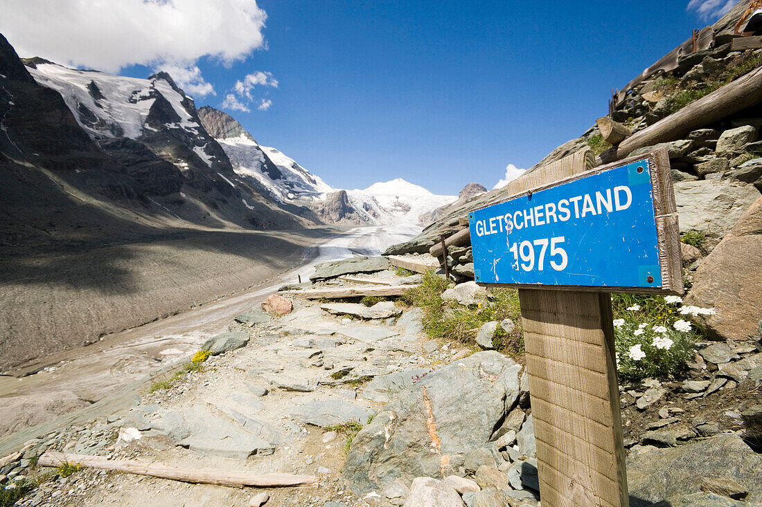 Signpost galcier reduction, Pasterze glacier and Grossglockner, Carinthia, Austria