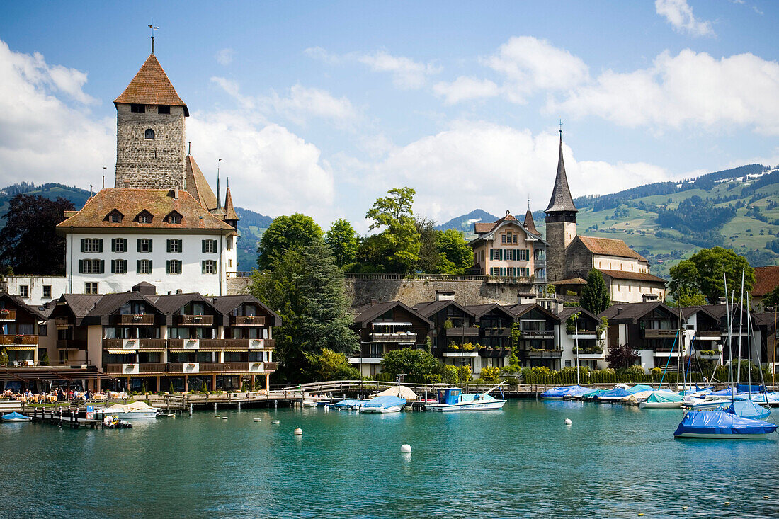 View over Lake Thun to Spiez with castle and castle church, Spiez, Bernese Oberland (highlands), Canton of Bern, Switzerland
