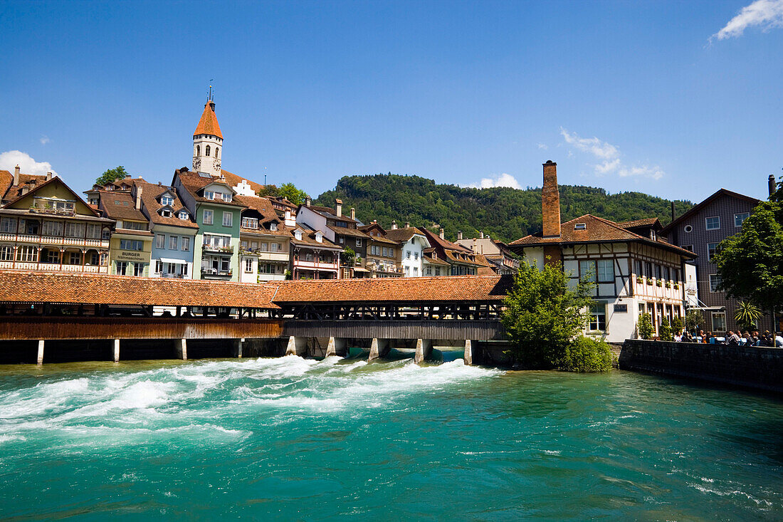 View over the river Aare and sluice to town, Thun, the largest garrison town in Switzerland, Bernese Oberland, Canton of Bern, Switzerland