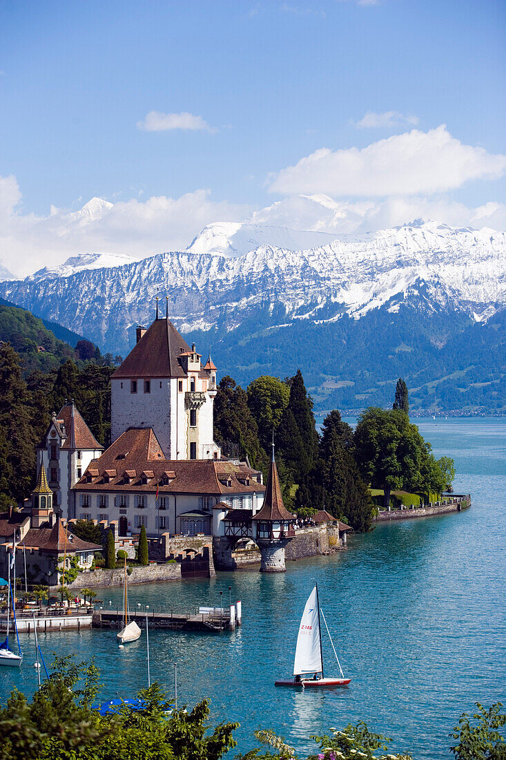 Castle Oberhofen at Lake Thun, Eiger 3970 m, Moench 4107 m and Jungfrau 4158 m in the background, Oberhofen, Bernese Oberland, Canton of Bern, Switzerland