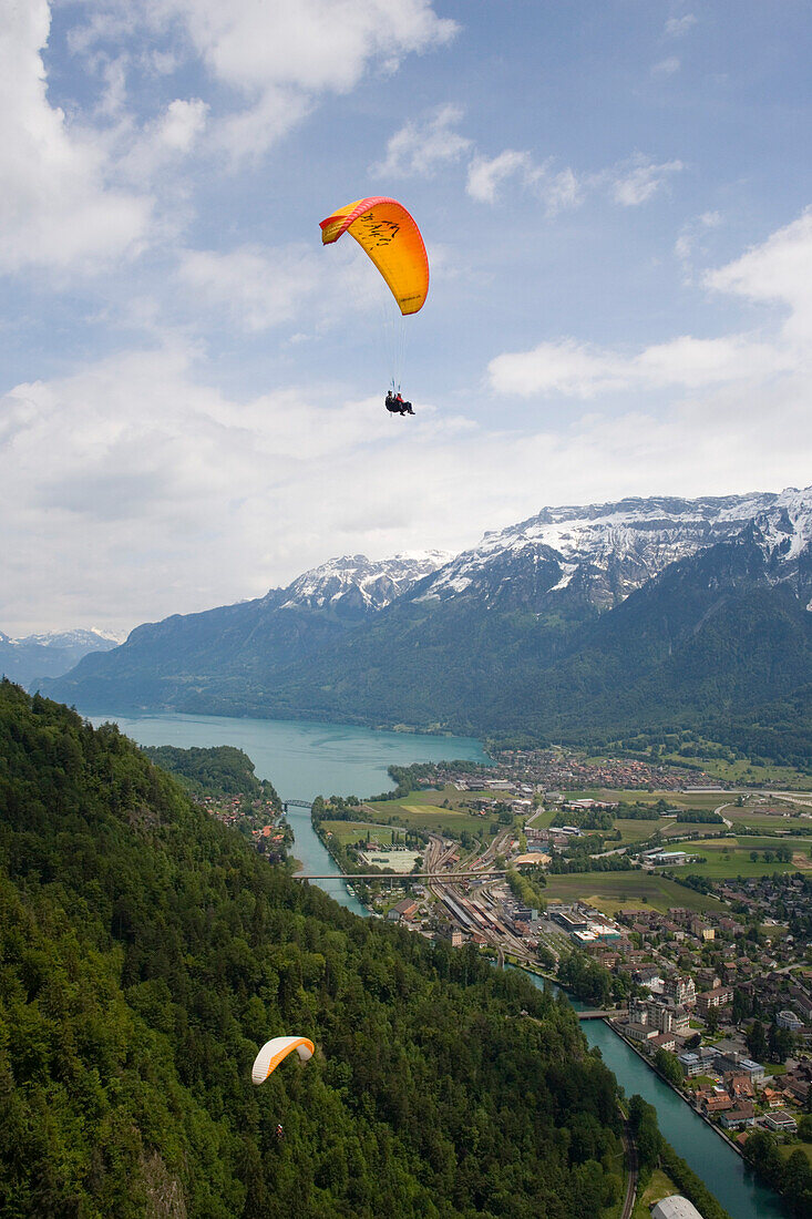 Tandem paragliding over Interlaken, Bernese Oberland, Canton of Bern, Switzerland