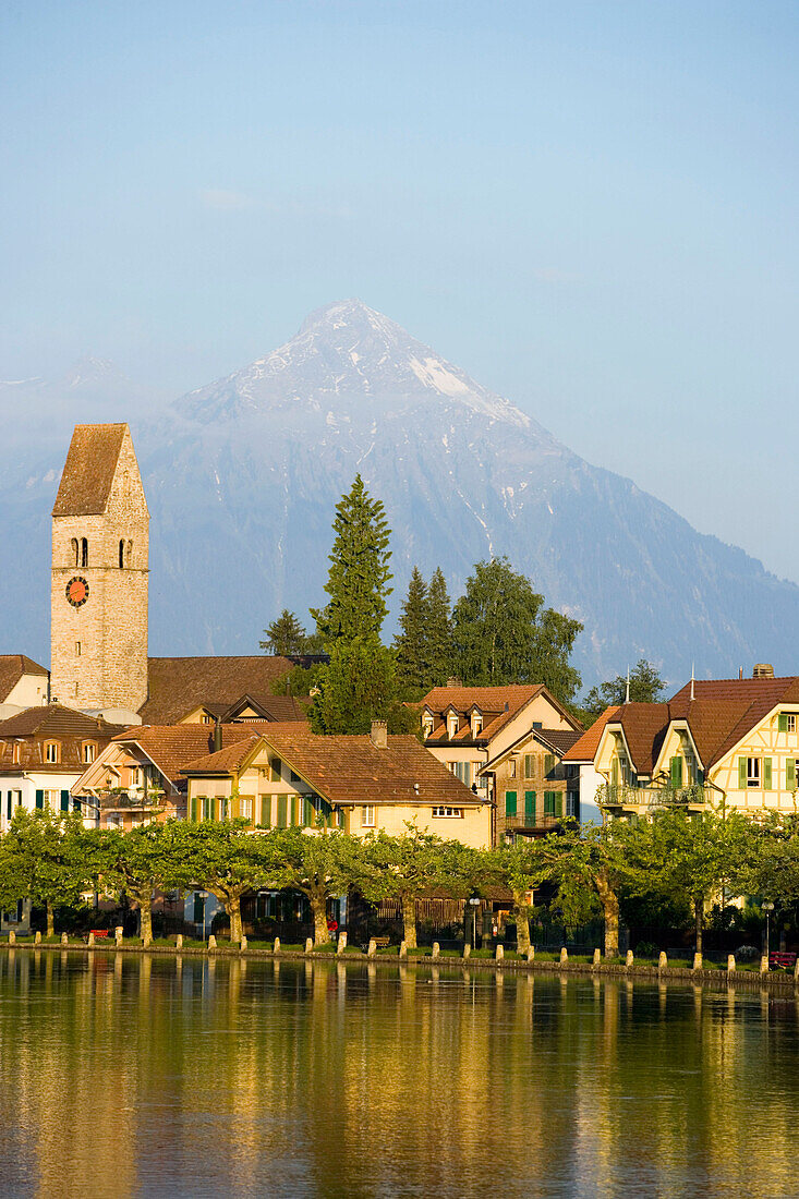 View over river Aare to Unterseen (the highest town on the Aare), Interlaken, Bernese Oberland (highlands), Canton of Bern, Switzerland