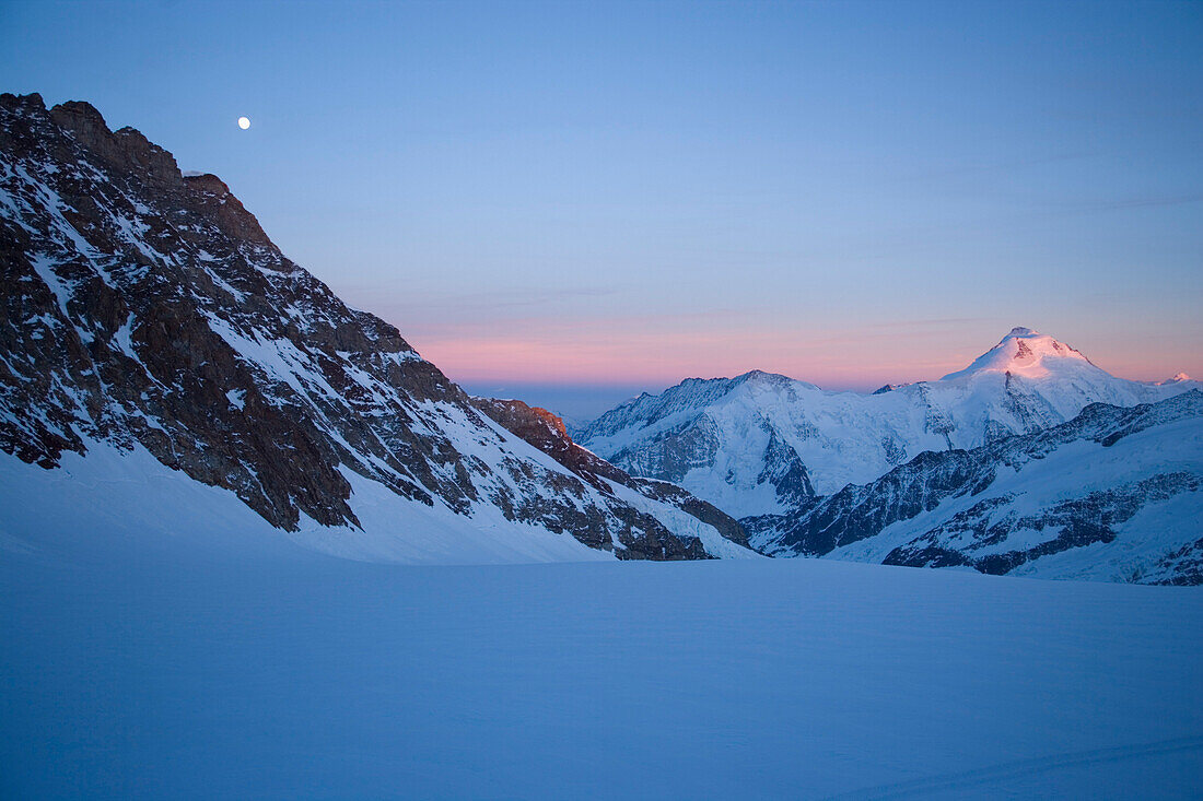 View to glaciated mountain peak Aletschhorn 4192 m, coldest mountain of the European Alps, Bernese Alps, Canton Valais, Switzerland