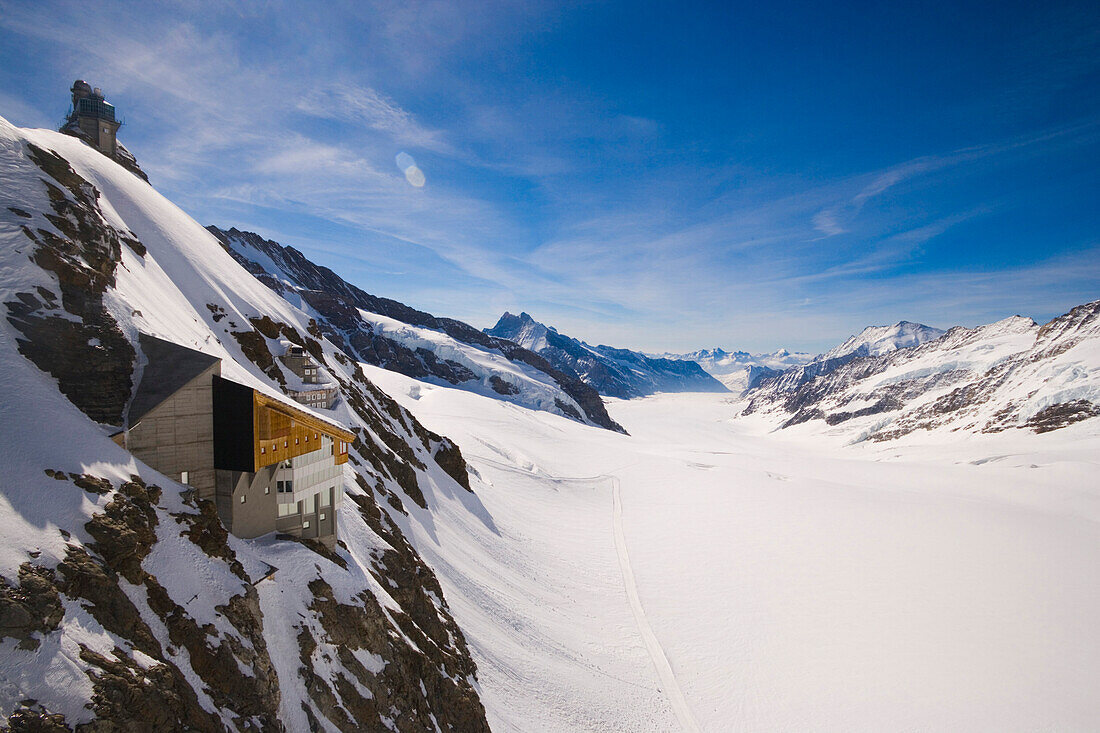 Sphinx Observatory (3571 m) at mountain Sphinx near Jungfraujoch (3454 m), also called the Top of Europe (highest railway station in Europe), view to Jungfraufirn and Aletsch Glacier, Grindelwald, Bernese Oberland (highlands), Canton of Bern, Switzerland